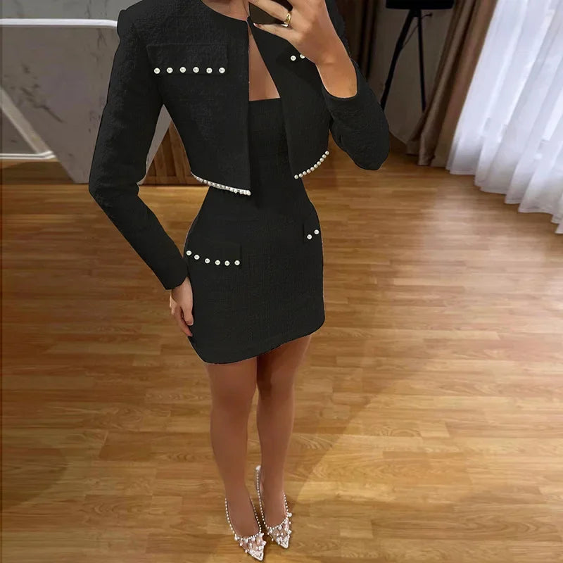 Y2k Pearl Dress Sets Women Autumn Long Sleeve Coat And Mini Dress Two Piece Sets Femme Sexy Strapless Dress Matching Sets 2024