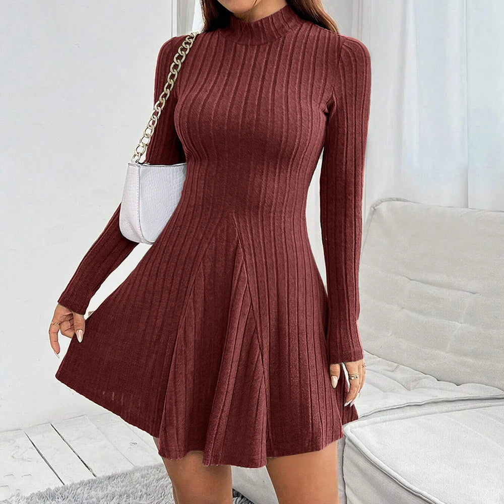Mia Muse Damesjurken Herfst Winter Eenvoudig Effen Kleur Lange mouw Mock Neck A-lijn Hoog getailleerde flare zoom Casual korte jurken