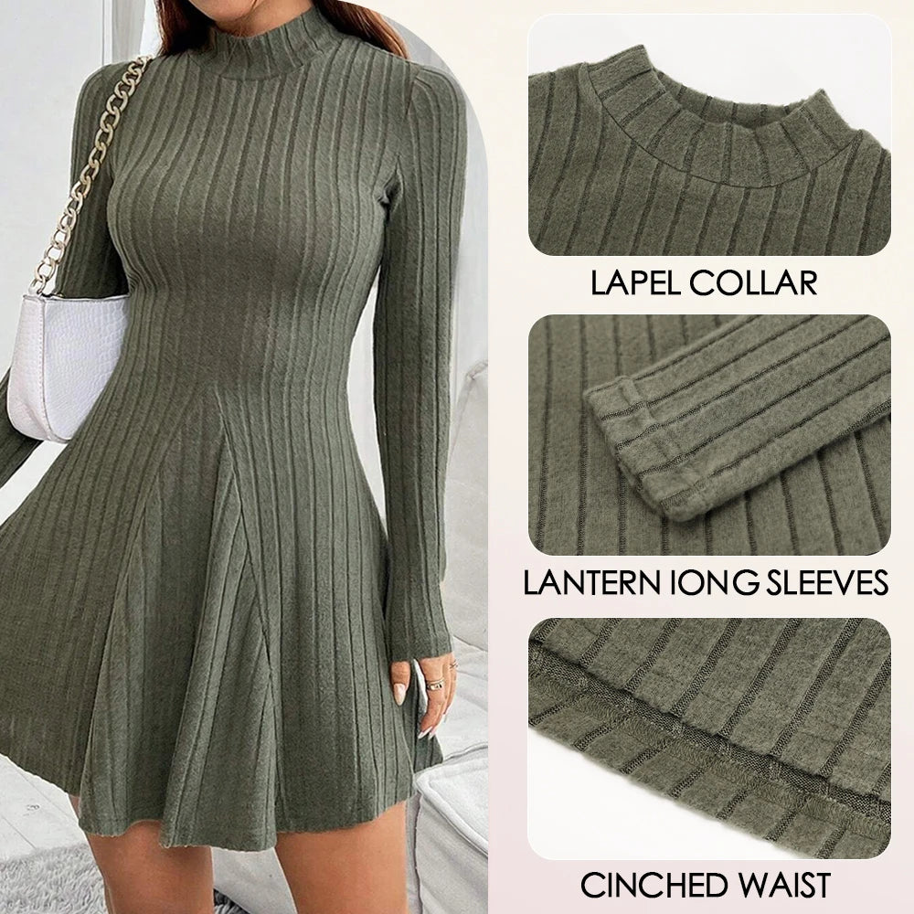 Mia Muse Damesjurken Herfst Winter Eenvoudig Effen Kleur Lange mouw Mock Neck A-lijn Hoog getailleerde flare zoom Casual korte jurken