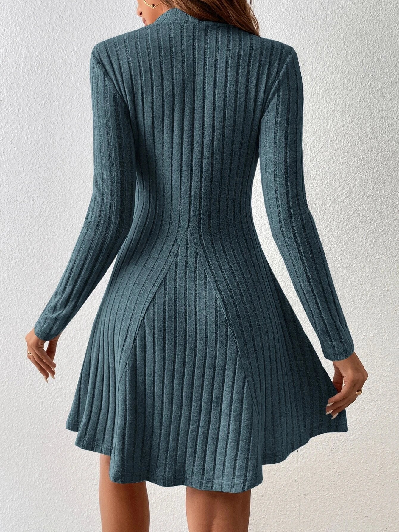 Mia Muse Damesjurken Herfst Winter Eenvoudig Effen Kleur Lange mouw Mock Neck A-lijn Hoog getailleerde flare zoom Casual korte jurken