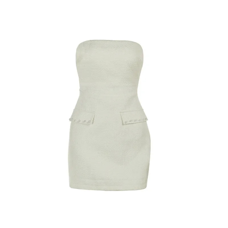 Y2k Pearl Dress Sets Women Autumn Long Sleeve Coat And Mini Dress Two Piece Sets Femme Sexy Strapless Dress Matching Sets 2024