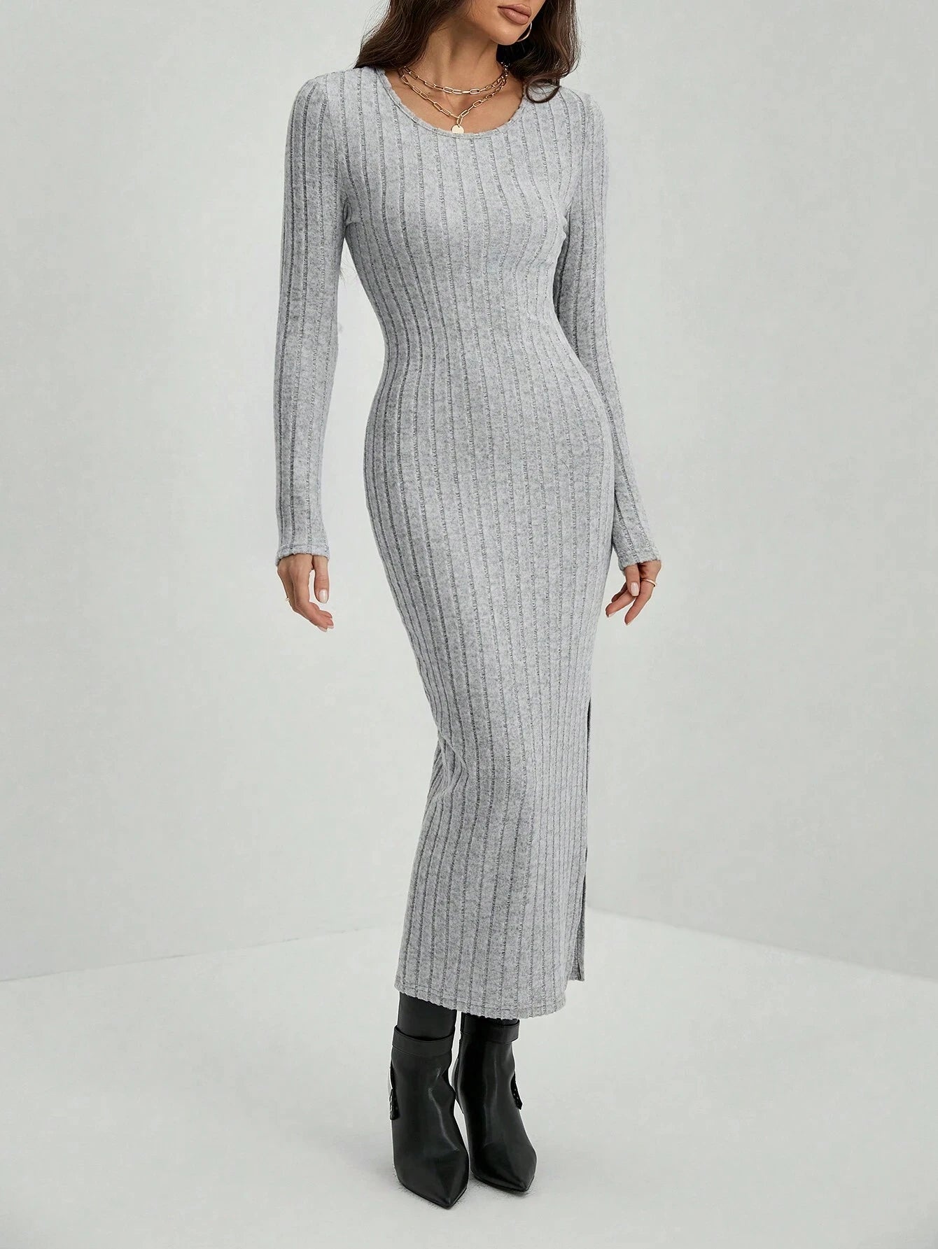 Mia Muse Damesjurken Herfst Winter Gebreid Streep Split U-hals Elastisch Basic Bodycon Volledige lengte Casual Maxi Lange jurken