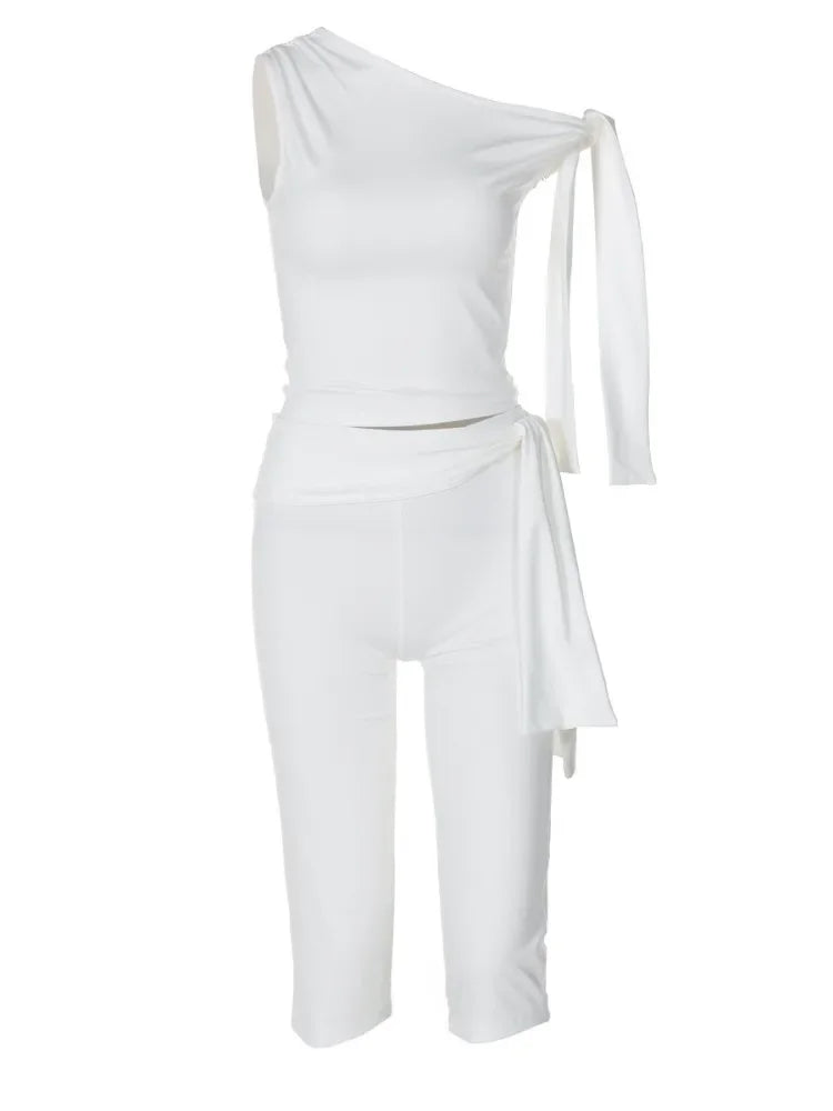 White Shorts 2 Piece-Set Female Off-Shoulder Slim Pleated Fashion Cropped Top And High Waist Shorts Sets Women's Outfits
