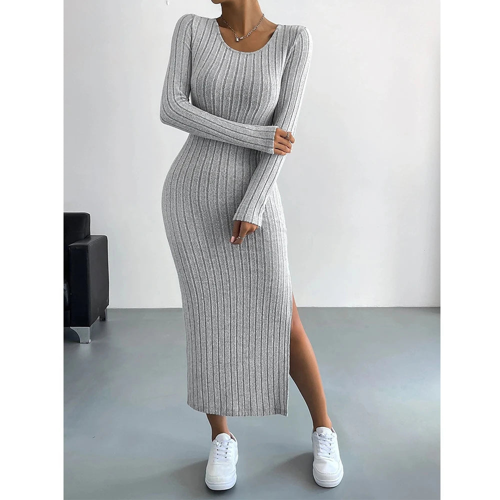 Mia Muse Damesjurken Herfst Winter Gebreid Streep Split U-hals Elastisch Basic Bodycon Volledige lengte Casual Maxi Lange jurken