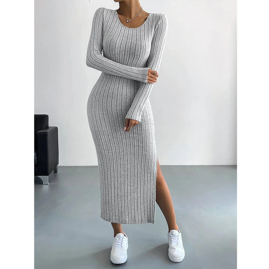 Mia Muse Damesjurken Herfst Winter Gebreid Streep Split U-hals Elastisch Basic Bodycon Volledige lengte Casual Maxi Lange jurken