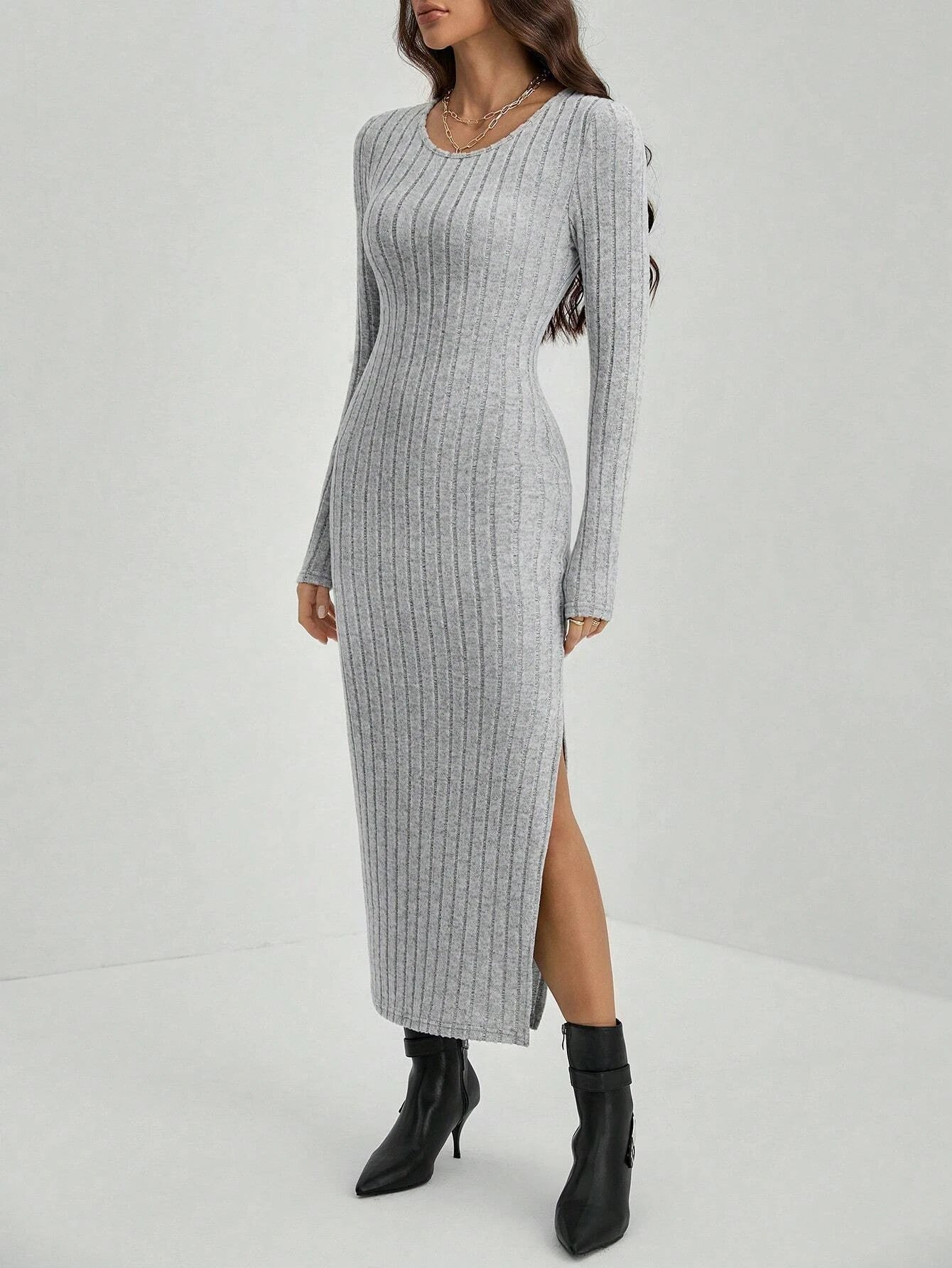 Mia Muse Damesjurken Herfst Winter Gebreid Streep Split U-hals Elastisch Basic Bodycon Volledige lengte Casual Maxi Lange jurken
