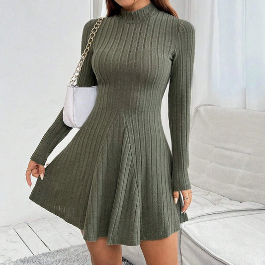 Mia Muse Damesjurken Herfst Winter Eenvoudig Effen Kleur Lange mouw Mock Neck A-lijn Hoog getailleerde flare zoom Casual korte jurken