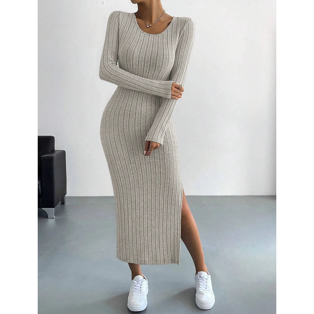 Mia Muse Damesjurken Herfst Winter Gebreid Streep Split U-hals Elastisch Basic Bodycon Volledige lengte Casual Maxi Lange jurken