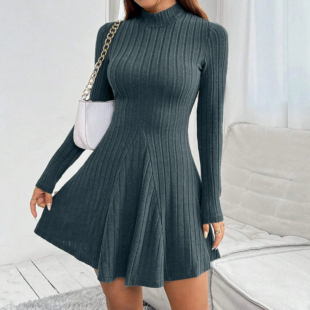 Mia Muse Damesjurken Herfst Winter Eenvoudig Effen Kleur Lange mouw Mock Neck A-lijn Hoog getailleerde flare zoom Casual korte jurken