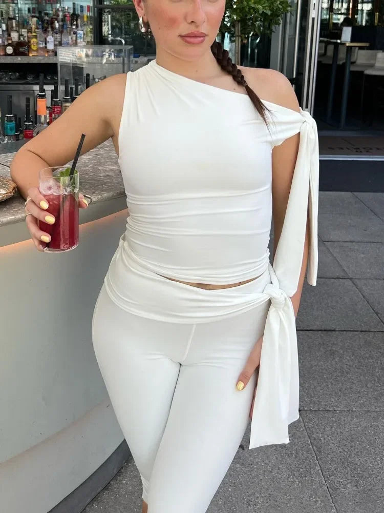 White Shorts 2 Piece-Set Female Off-Shoulder Slim Pleated Fashion Cropped Top And High Waist Shorts Sets Women's Outfits