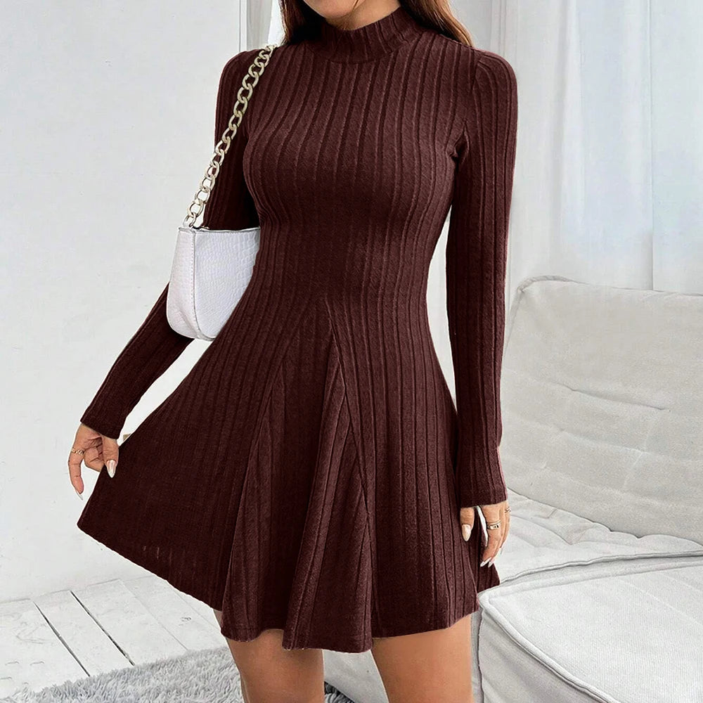 Mia Muse Damesjurken Herfst Winter Eenvoudig Effen Kleur Lange mouw Mock Neck A-lijn Hoog getailleerde flare zoom Casual korte jurken