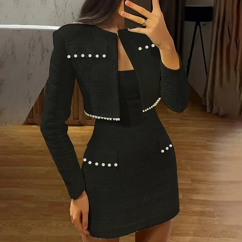 Y2k Pearl Dress Sets Women Autumn Long Sleeve Coat And Mini Dress Two Piece Sets Femme Sexy Strapless Dress Matching Sets 2024