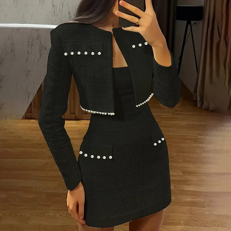 Y2k Pearl Dress Sets Women Autumn Long Sleeve Coat And Mini Dress Two Piece Sets Femme Sexy Strapless Dress Matching Sets 2024