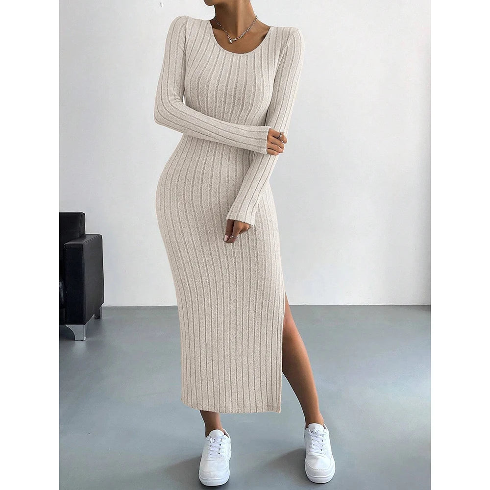 Mia Muse Damesjurken Herfst Winter Gebreid Streep Split U-hals Elastisch Basic Bodycon Volledige lengte Casual Maxi Lange jurken