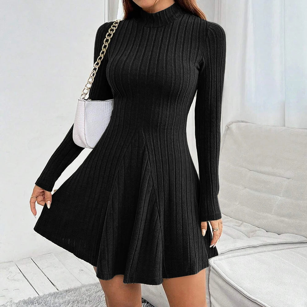 Mia Muse Damesjurken Herfst Winter Eenvoudig Effen Kleur Lange mouw Mock Neck A-lijn Hoog getailleerde flare zoom Casual korte jurken
