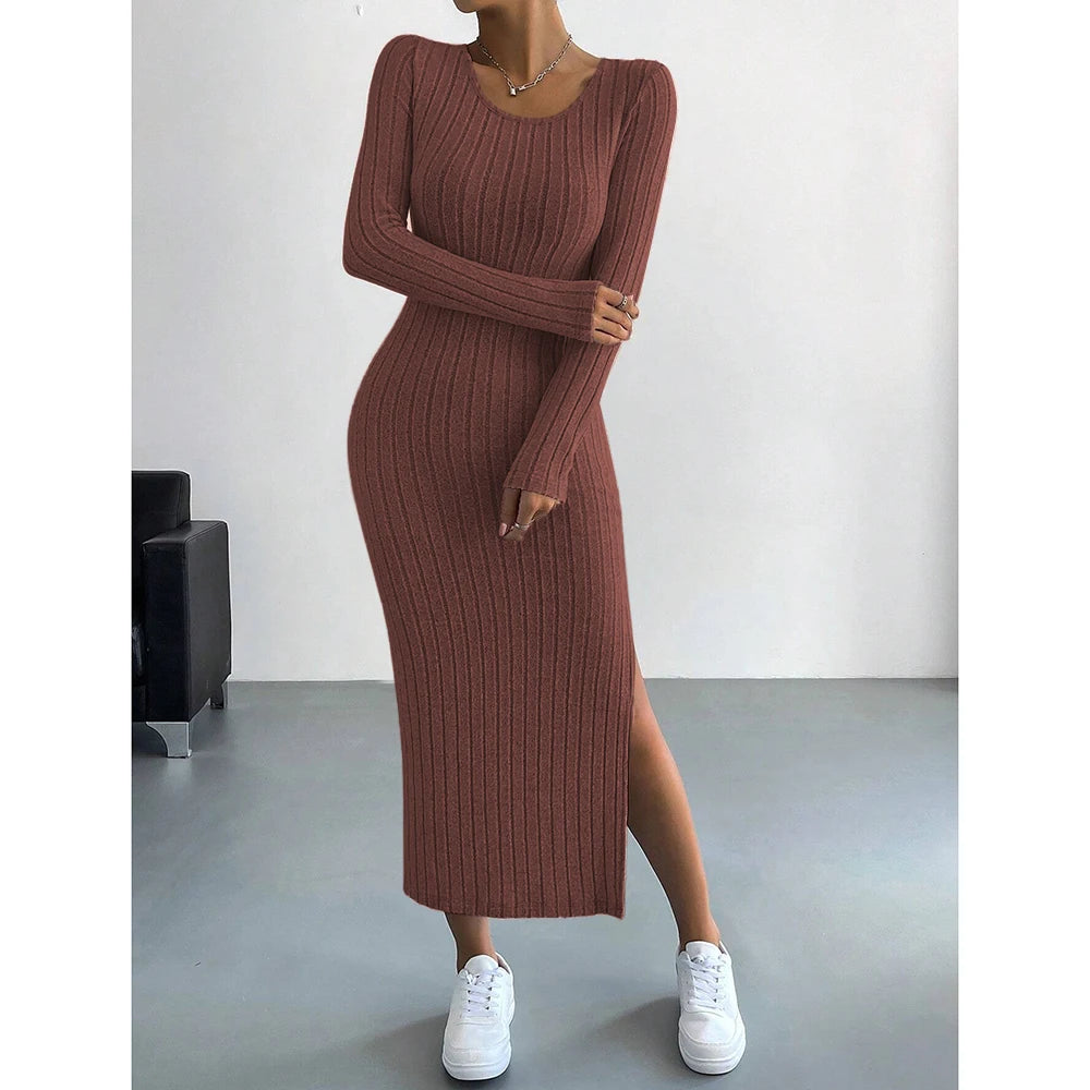 Mia Muse Damesjurken Herfst Winter Gebreid Streep Split U-hals Elastisch Basic Bodycon Volledige lengte Casual Maxi Lange jurken