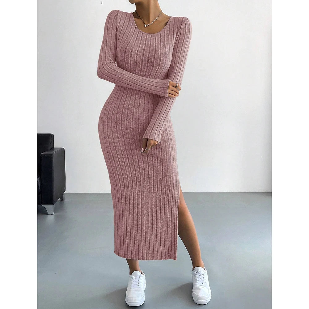 Mia Muse Damesjurken Herfst Winter Gebreid Streep Split U-hals Elastisch Basic Bodycon Volledige lengte Casual Maxi Lange jurken